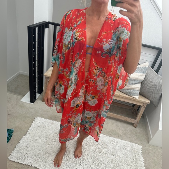Bohemian floral chiffon swim coverup summer vacation beach pool casual party M - Picture 3 of 10